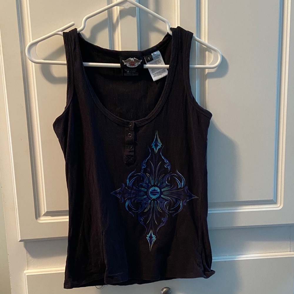 Harley-Davidson Black Tank Top with Blue Graphic Fleur Design